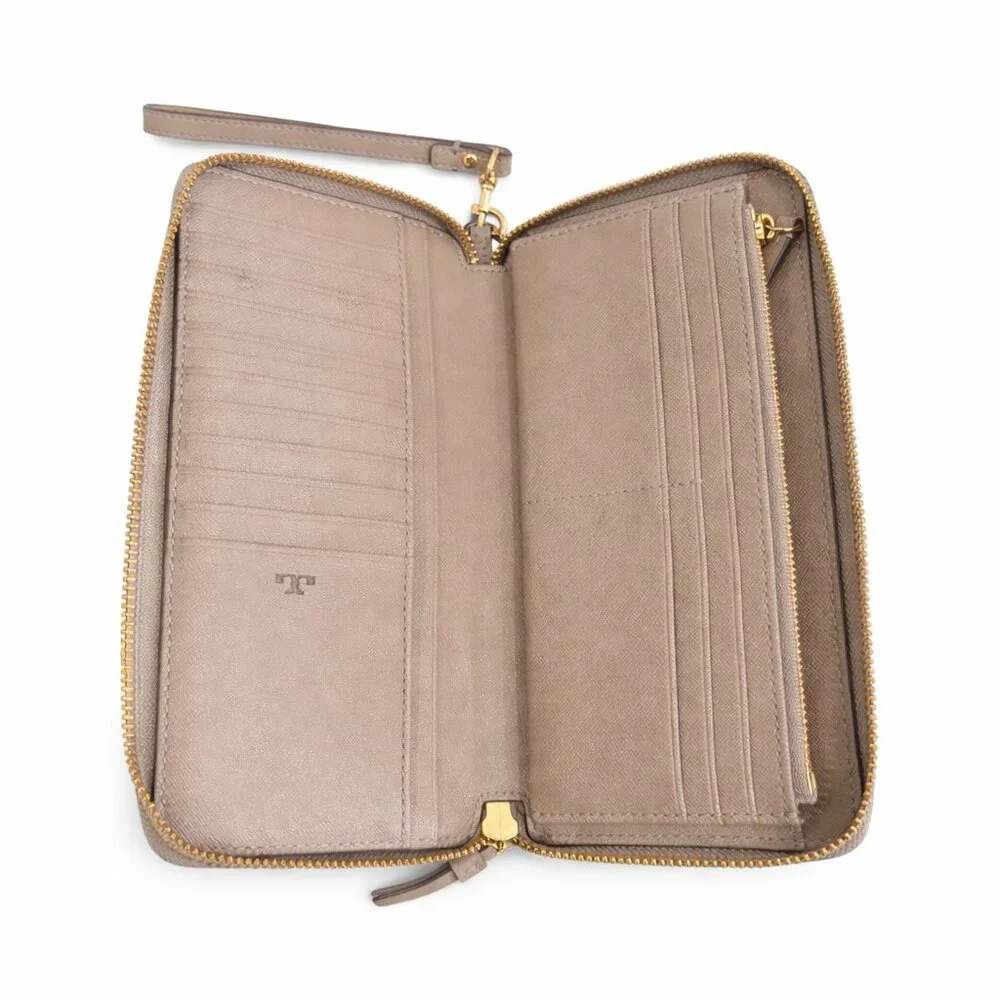 Tory Burch Robinson Pebbled Leather Zip Continental Wallet Taupe Wristlet